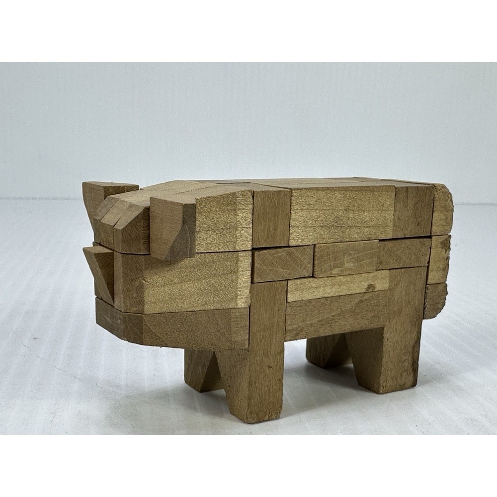 Vintage Kumiki Puzzle Japanese Wood Brain Teaser Game Pig 3" Made‎ In Japan